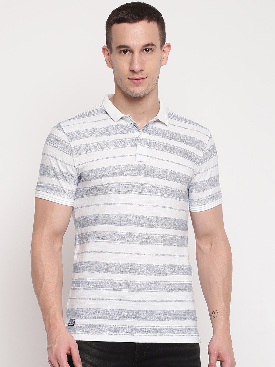 

Pepe Jeans Men White & Blue Striped Polo Collar T-shirt