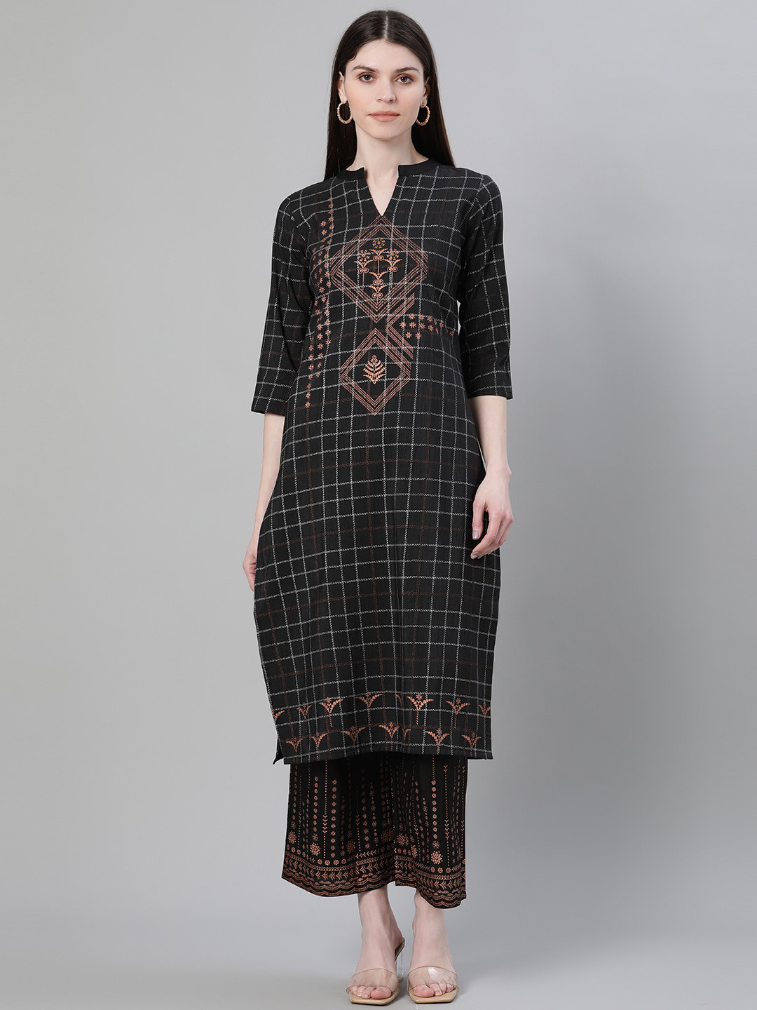 

ZIYAA Women Black & White Printed Kurta with Palazzos