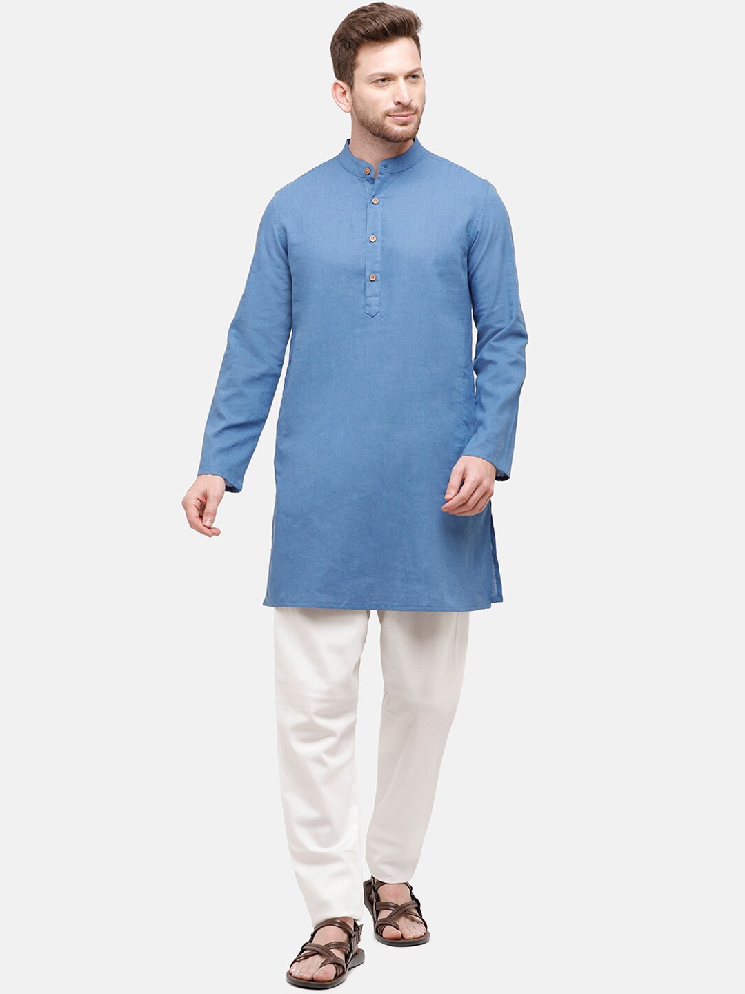 

CAVALLO by Linen Club Blue Solid Linen Cotton Kurta