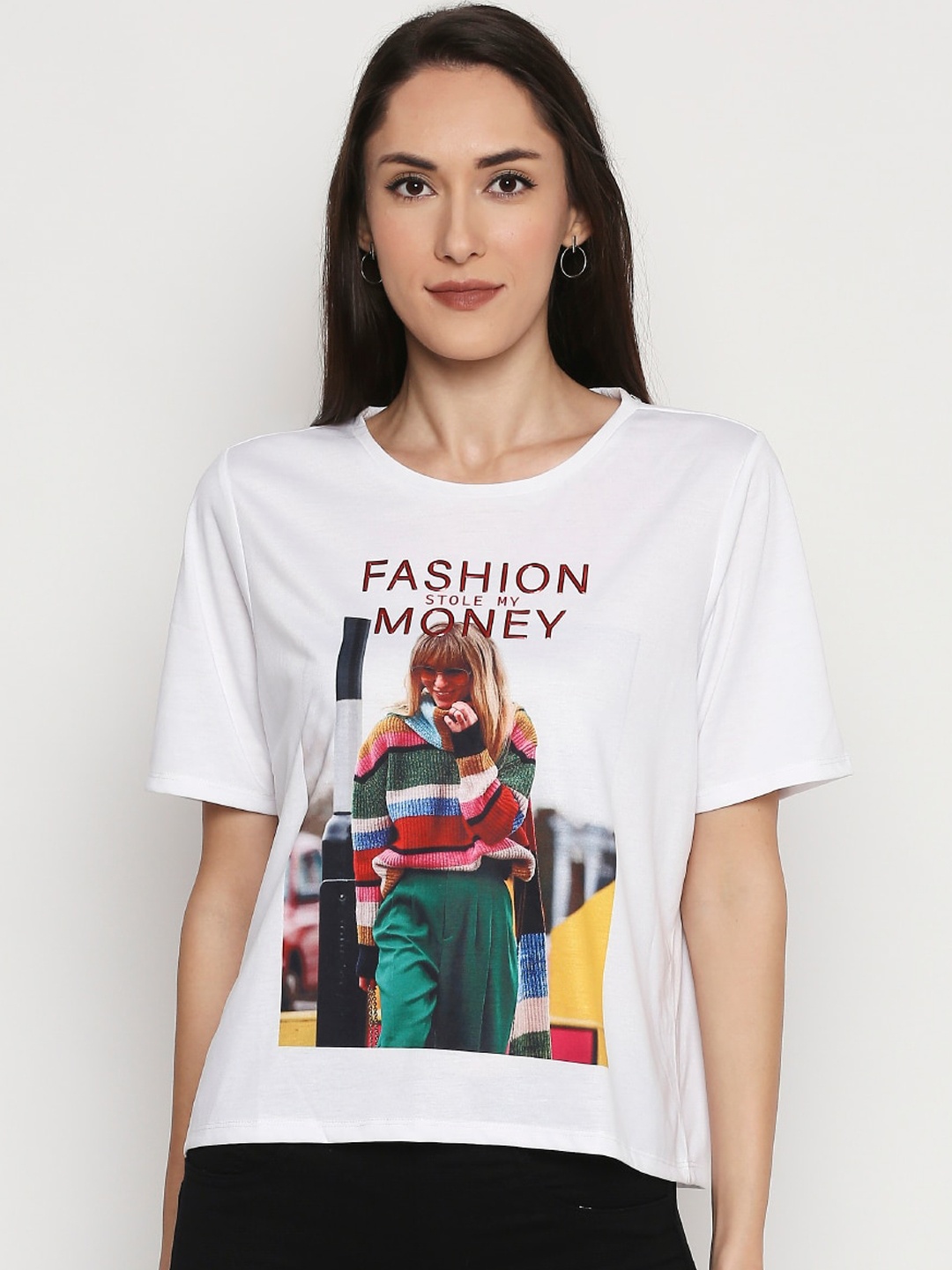 

People Women White Printed Round Neck T-shirt