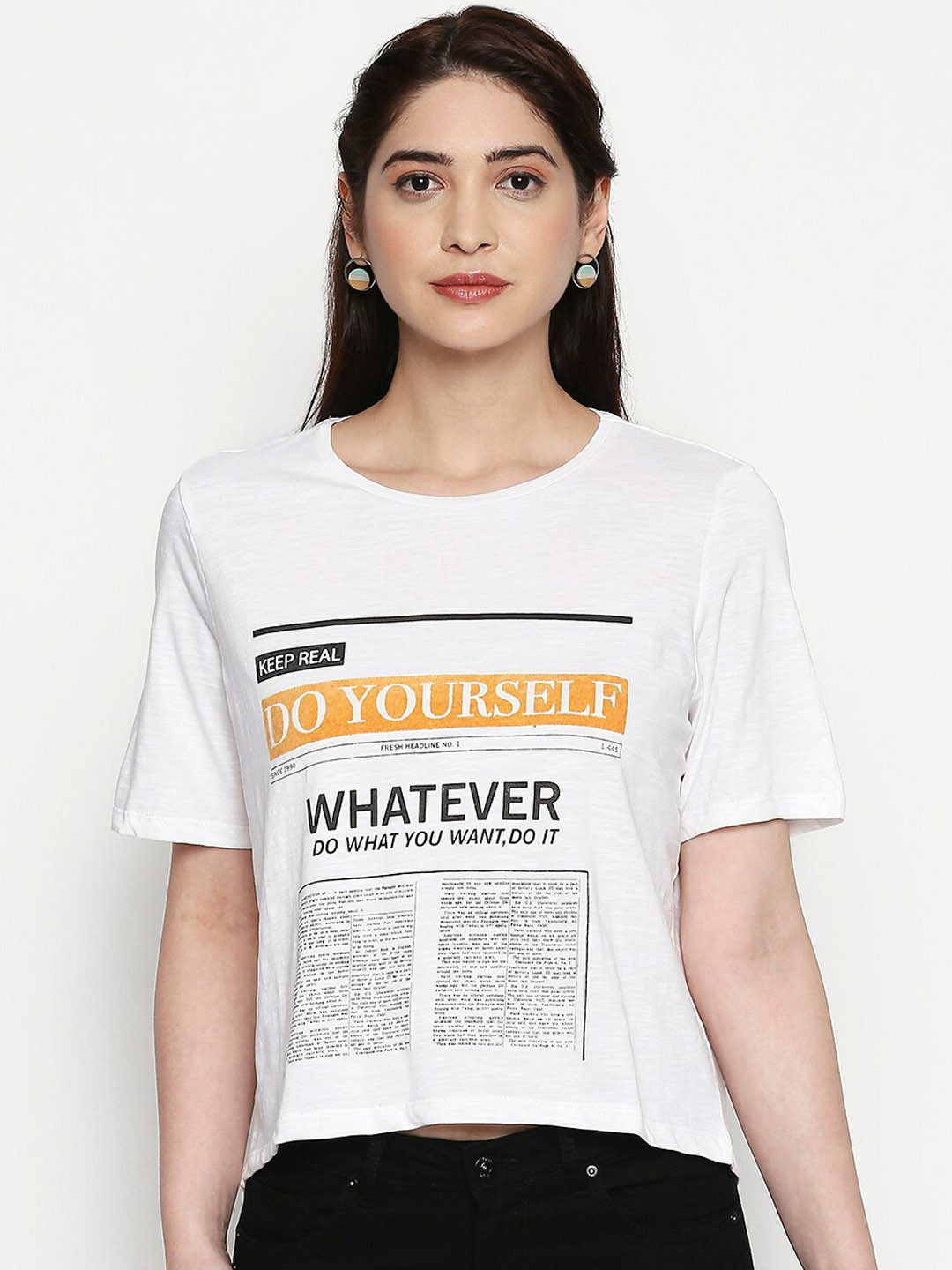 

People Women White Printed Round Neck T-shirt