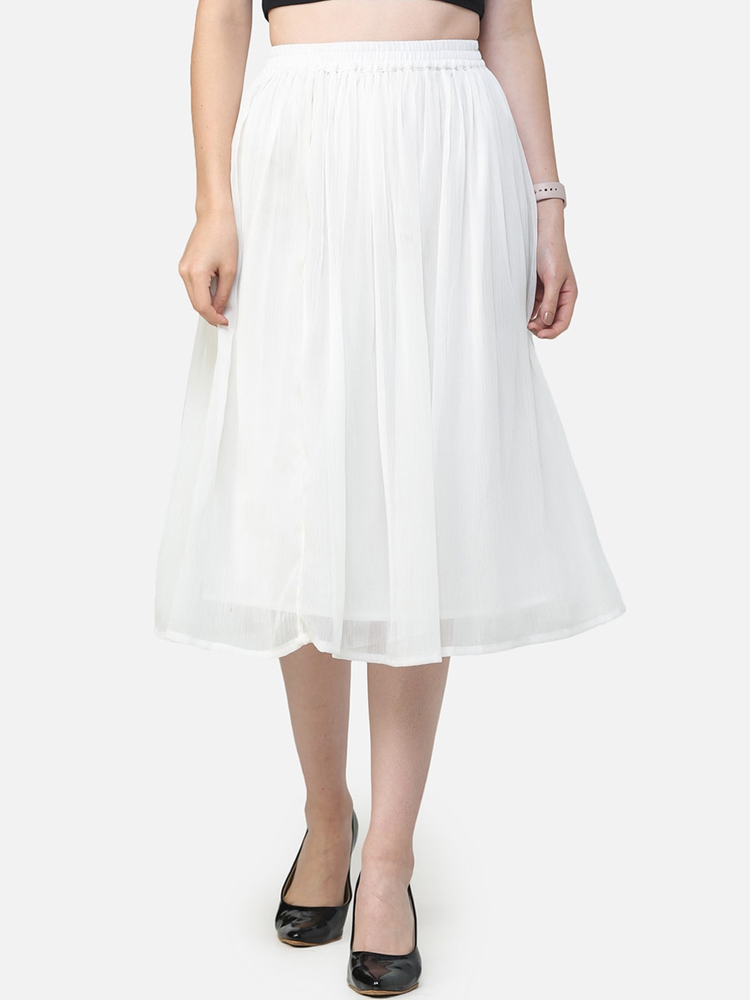 Cation Women White Solid Knee Length Skirt