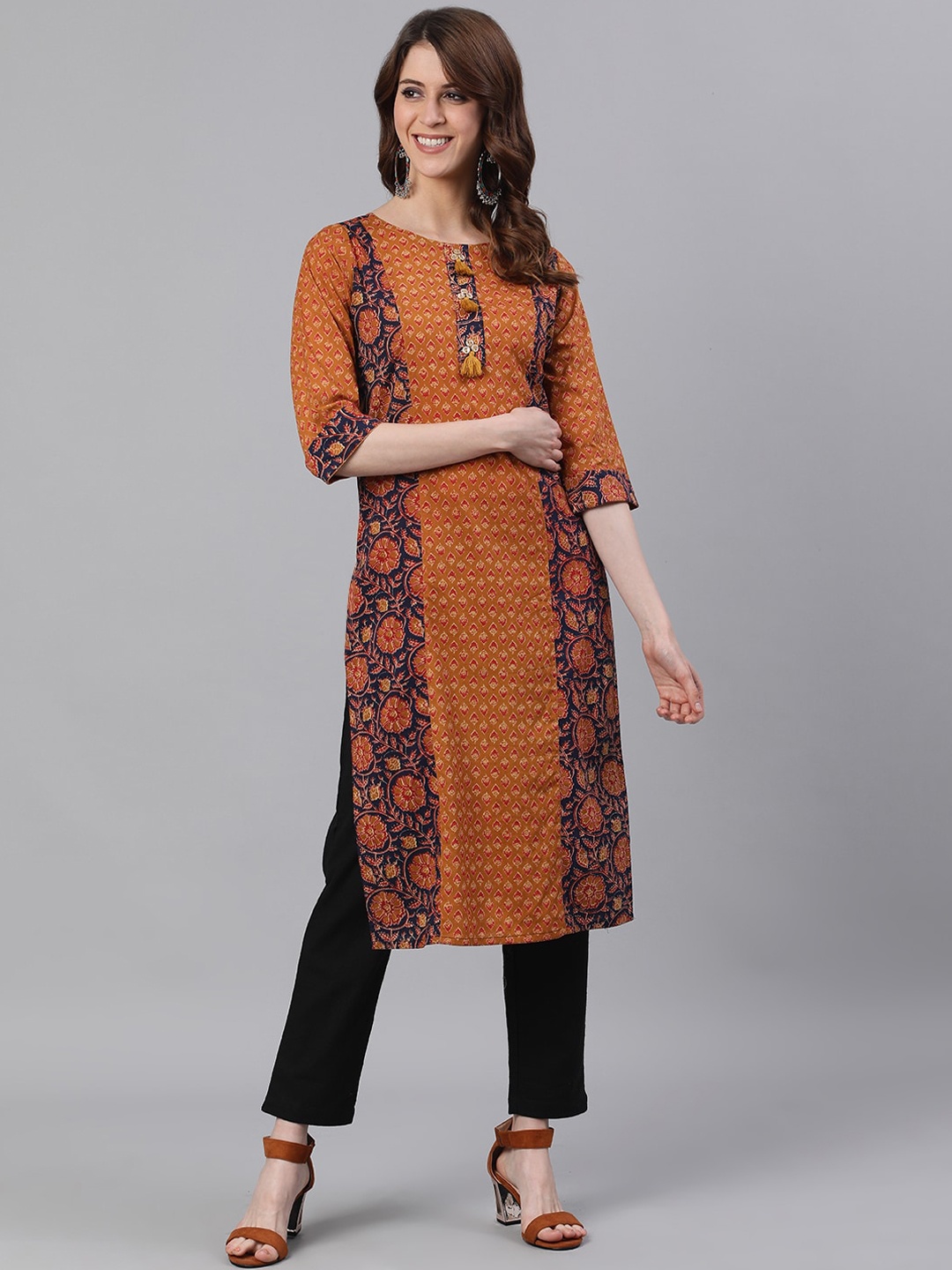 

Jaipur Kurti Women Mustard Brown & Black Ethnic Motifs Printed Kurta