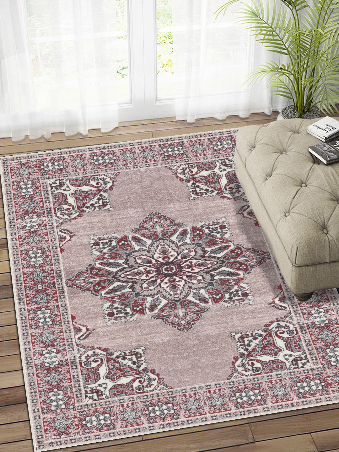Status Mauve & Red Ethnic Motif Printed Anti-Skid Carpet