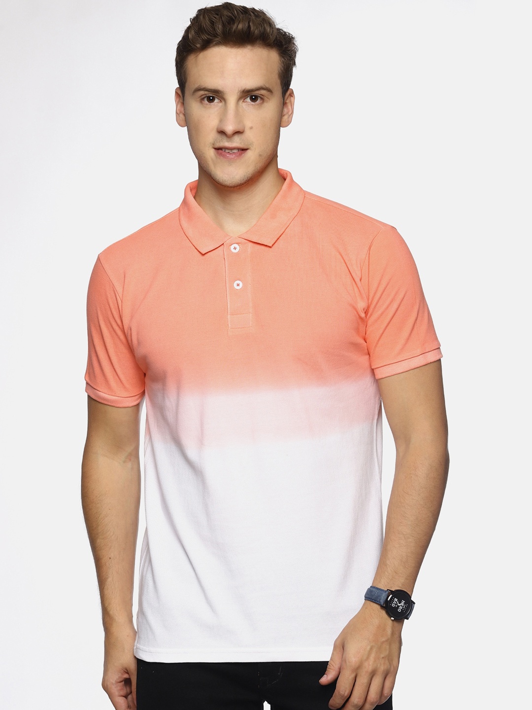 

Steenbok Men White & Peach-Coloured Dyed Polo Collar T-shirt
