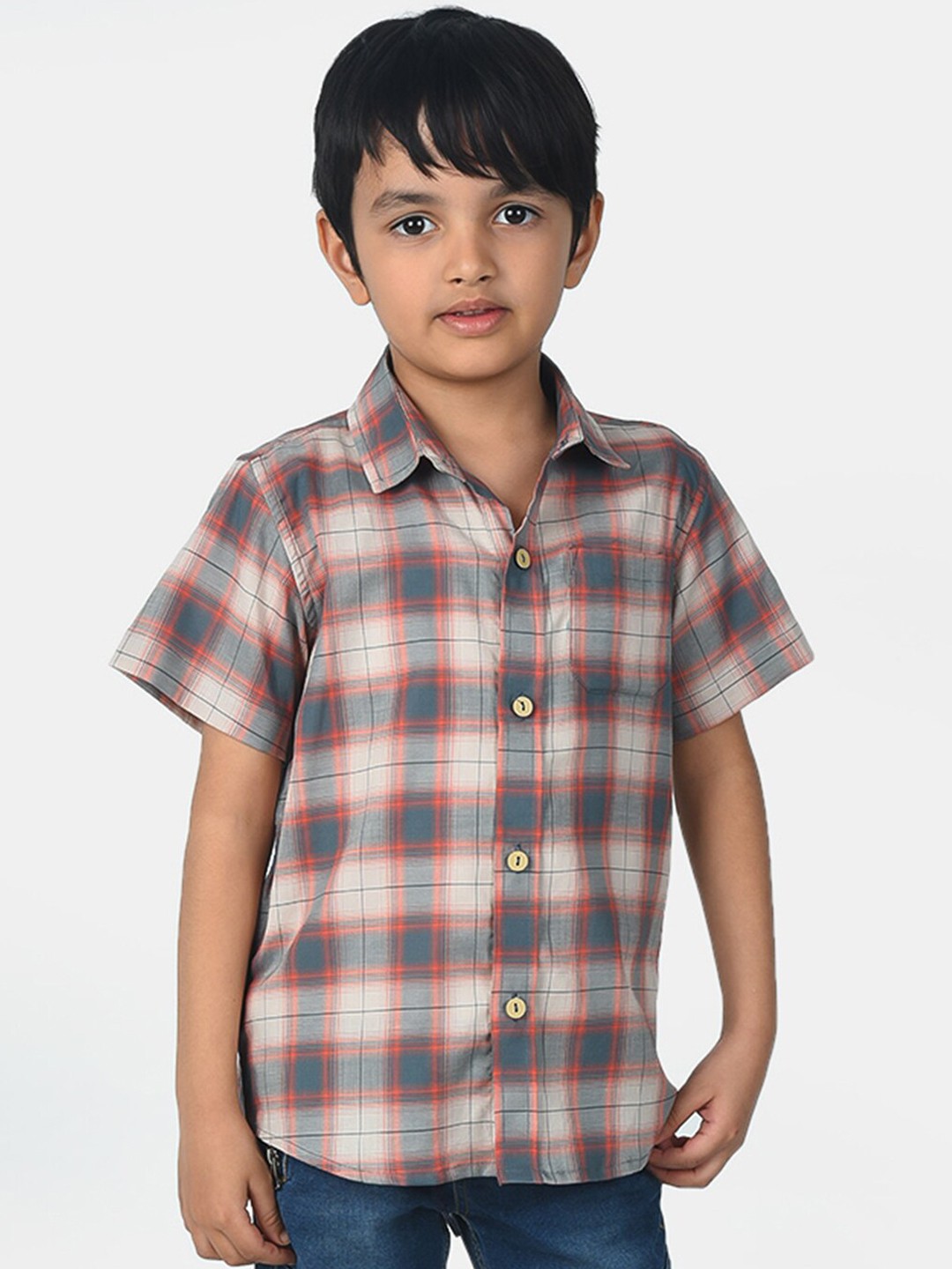 

ESME Boys Cream-Coloured & Teal Regular Fit Checked Casual Shirt