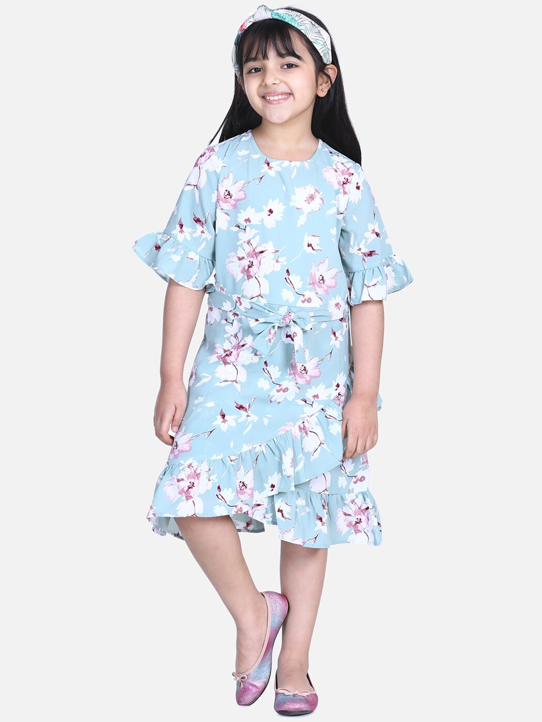 StyleStone Girls Turquoise Blue & White Floral Printed A-Line Dress