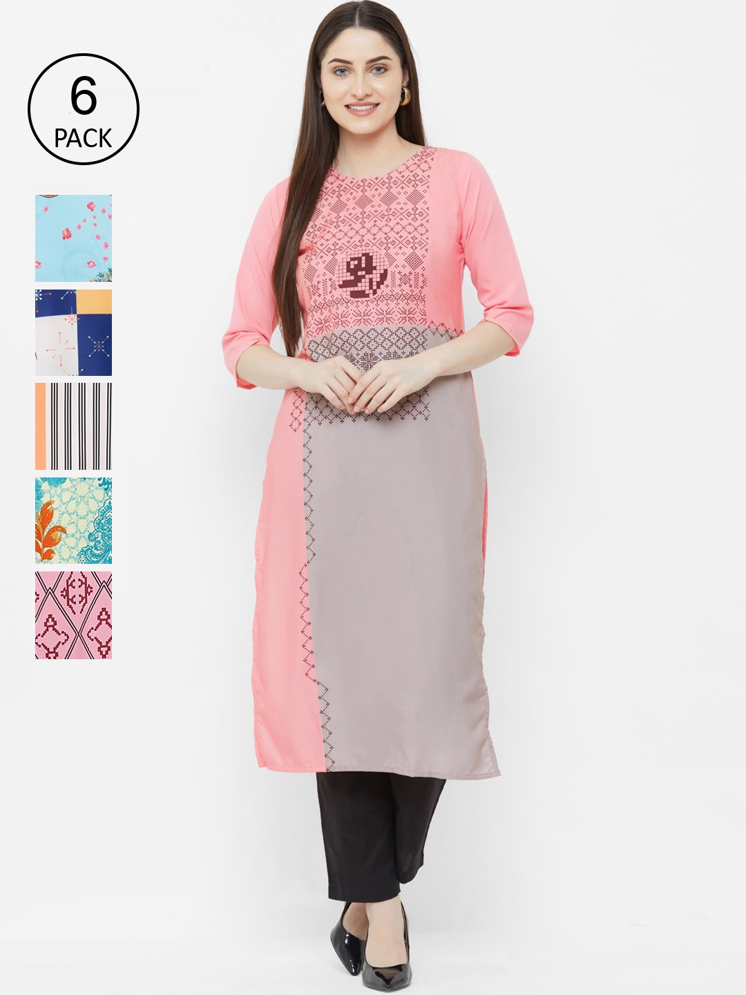 7Threads Women Multicoloured Colourblocked Crepe Kurta Pack of 6, Multi