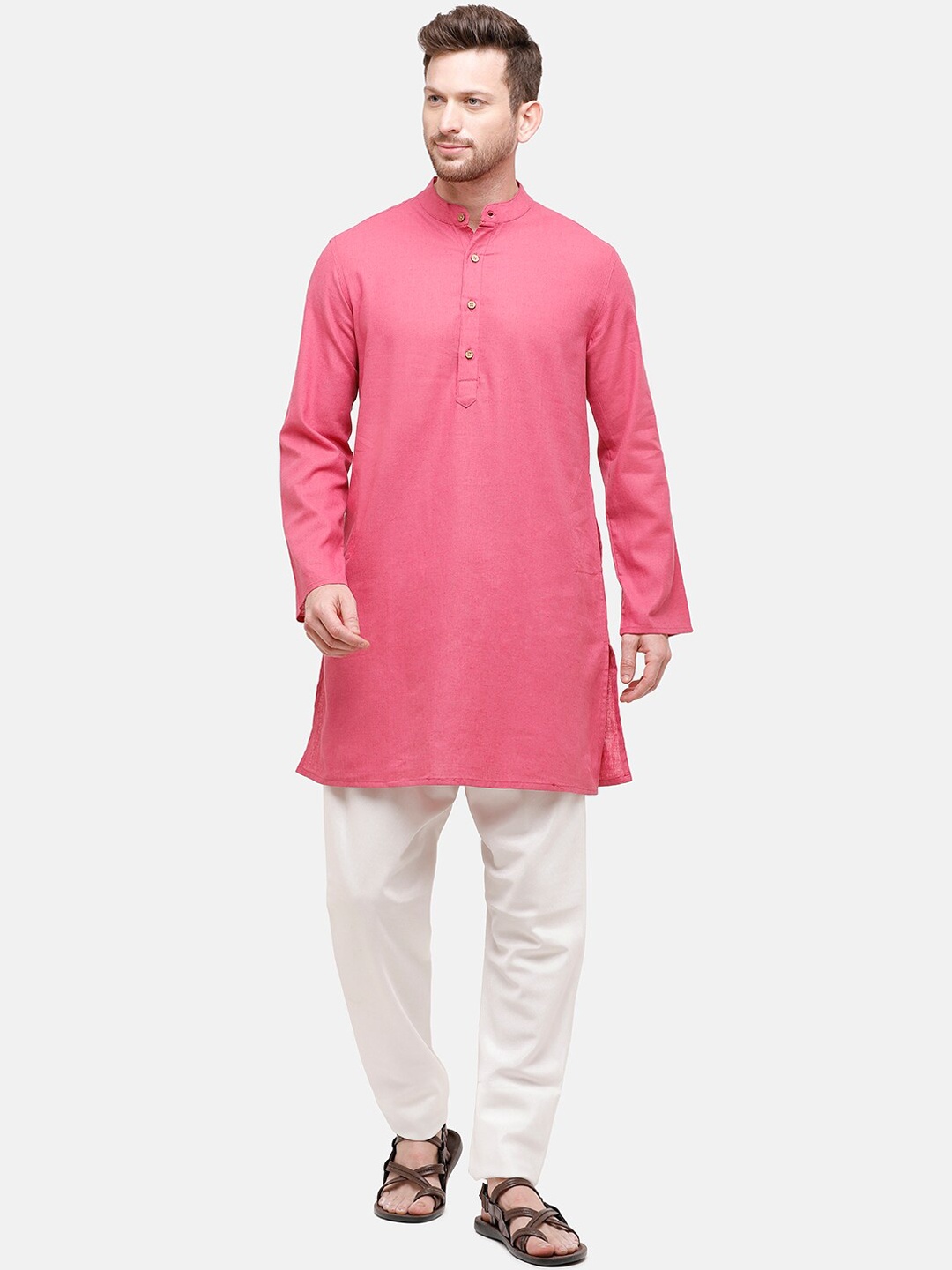 

CAVALLO by Linen Club Men Pink Linen Cotton Thread Work Cotton Linen Kurta