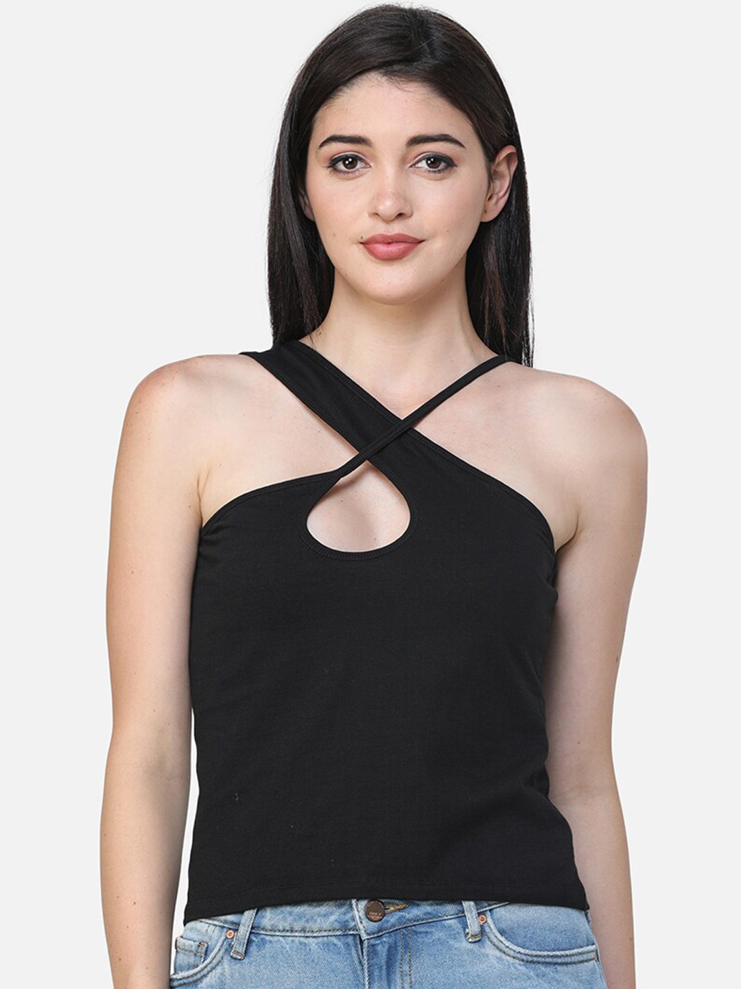 

Cation Black Solid Halter Neck Top