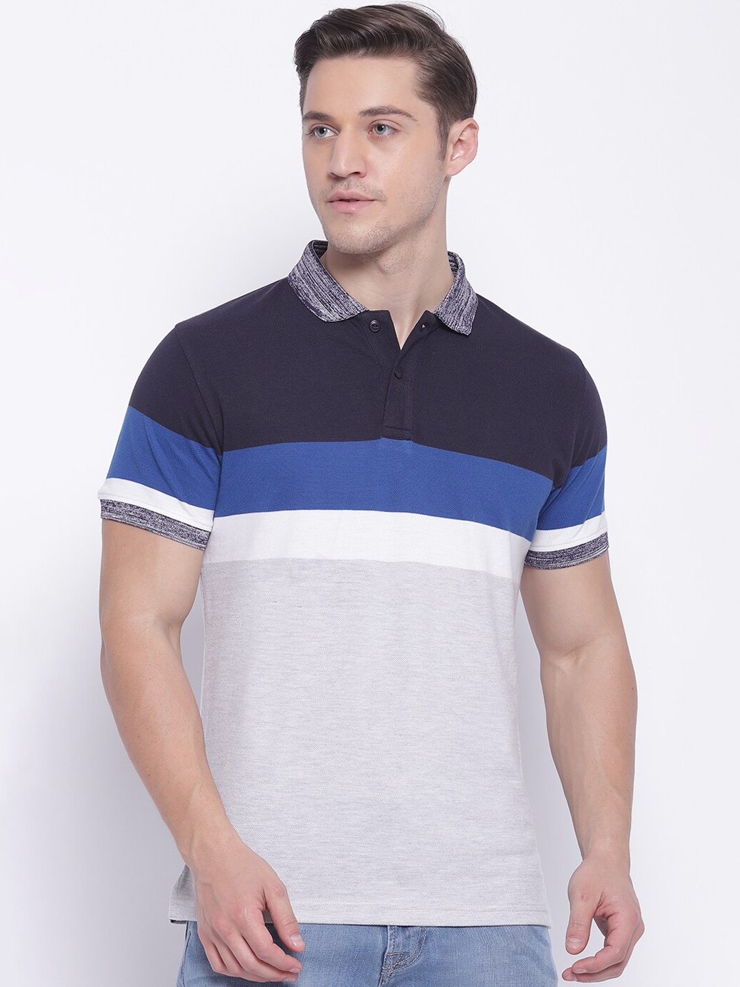 

Pepe Jeans Men Grey Melange Colourblocked Polo Collar T-shirt