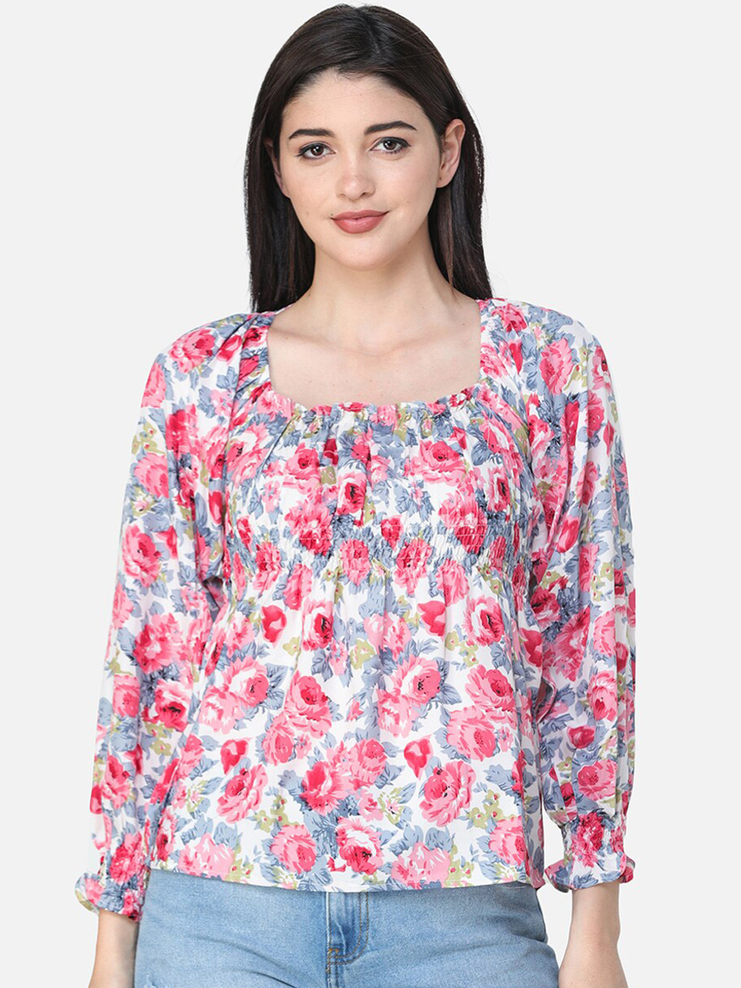 

Cation Pink Floral Printed Puff Sleeves Crepe Top