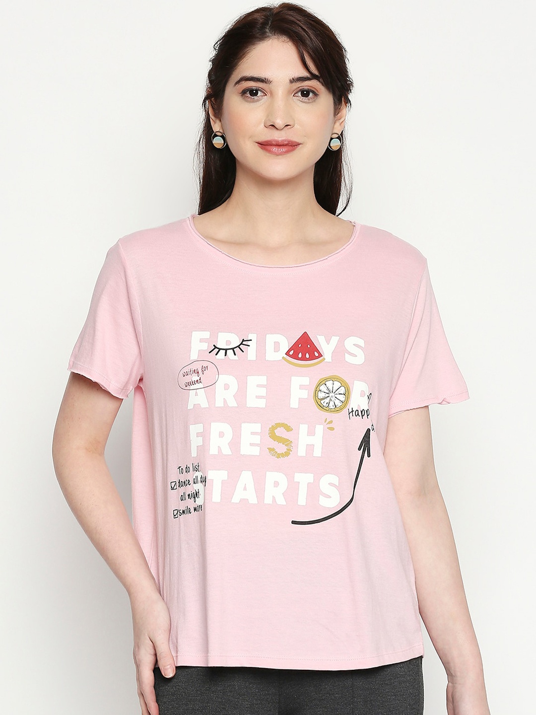 

People Women Pink Printed Round Neck T-shirt