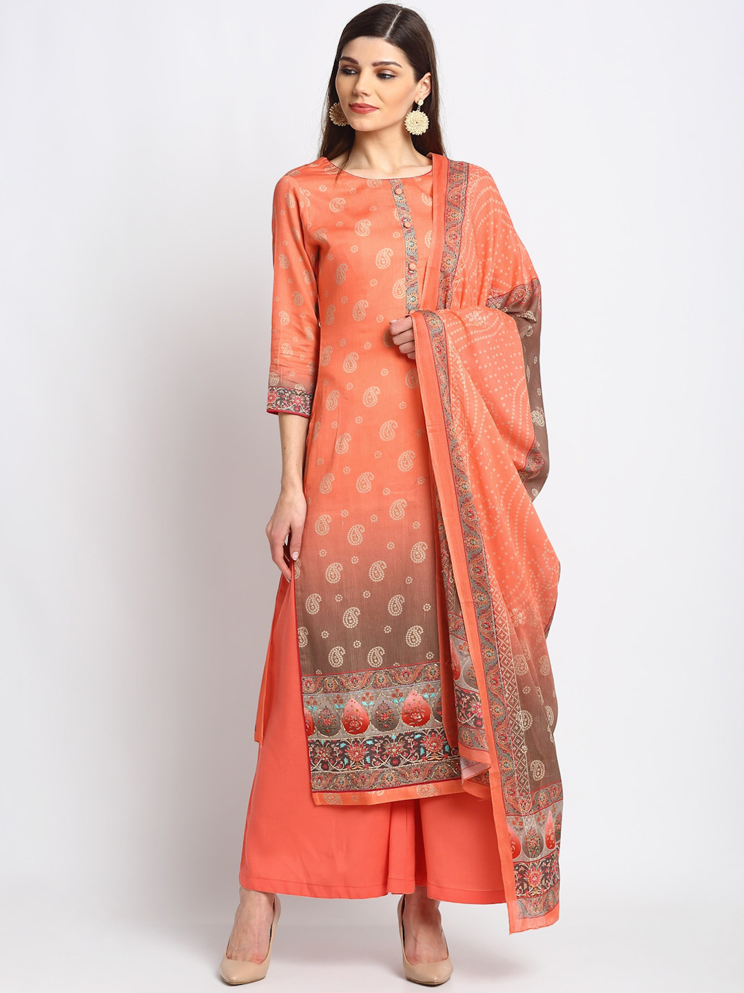 

Stylee LIFESTYLE Peach-Coloured & Brown Cotton Blend Unstitched Dress Material
