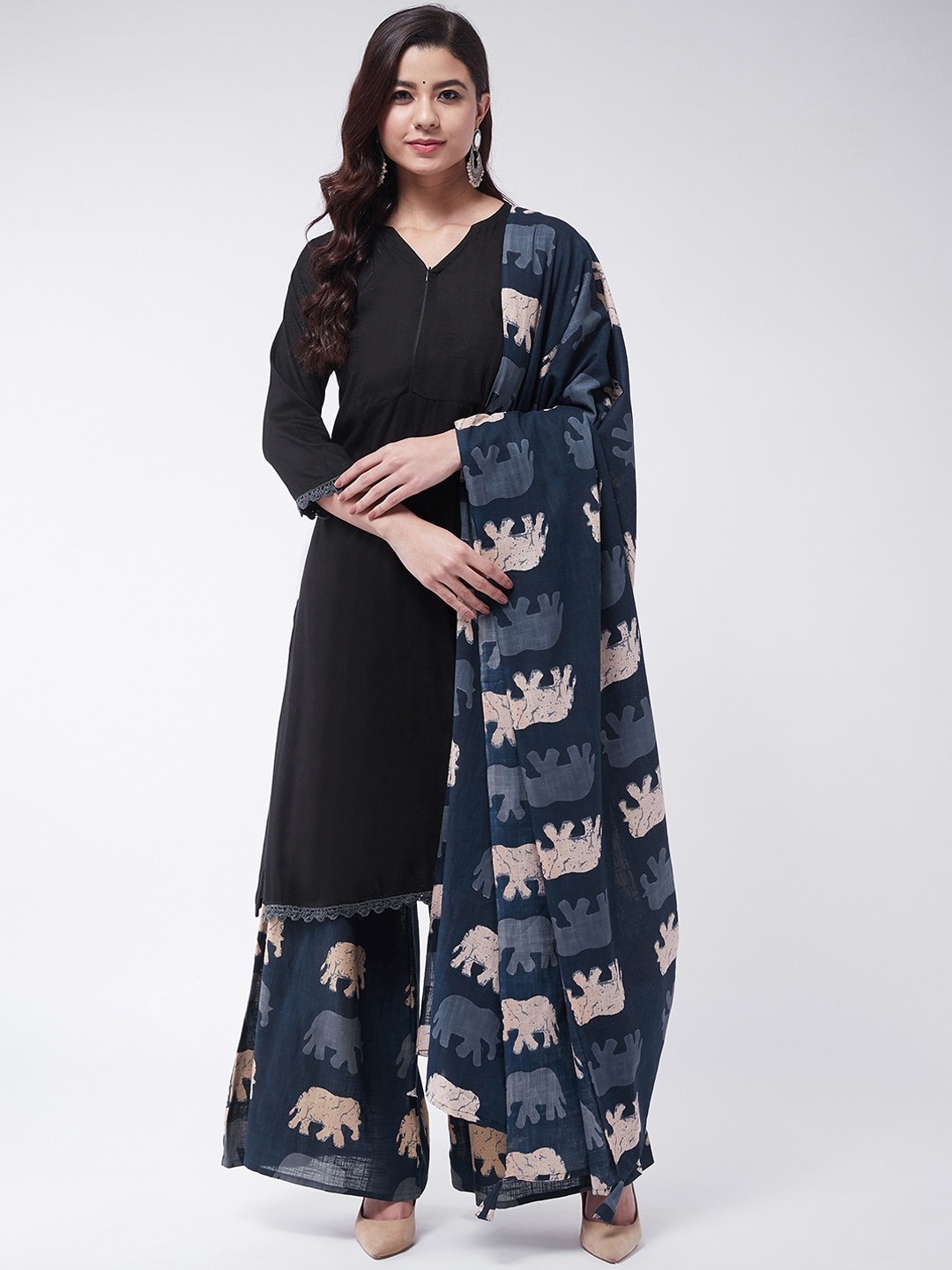 

InWeave Women Navy Blue & Beige Printed Dupatta
