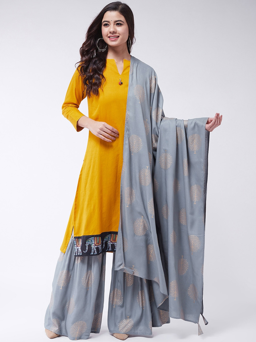 

InWeave Grey & Gold-Toned Ethnic Motifs Printed Dupatta