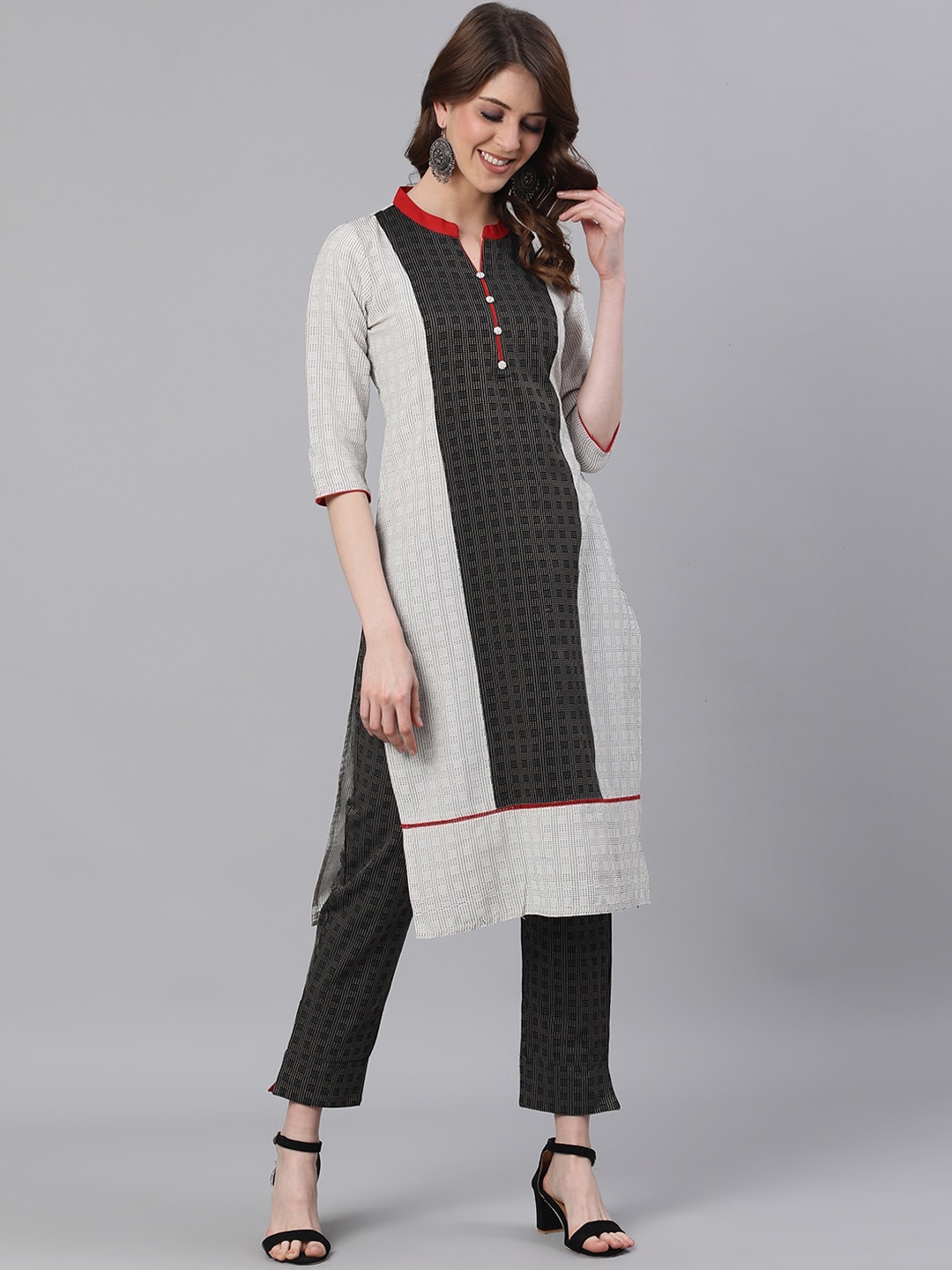 Jaipur Kurti Women White & Black Printed Kurta with Trousers