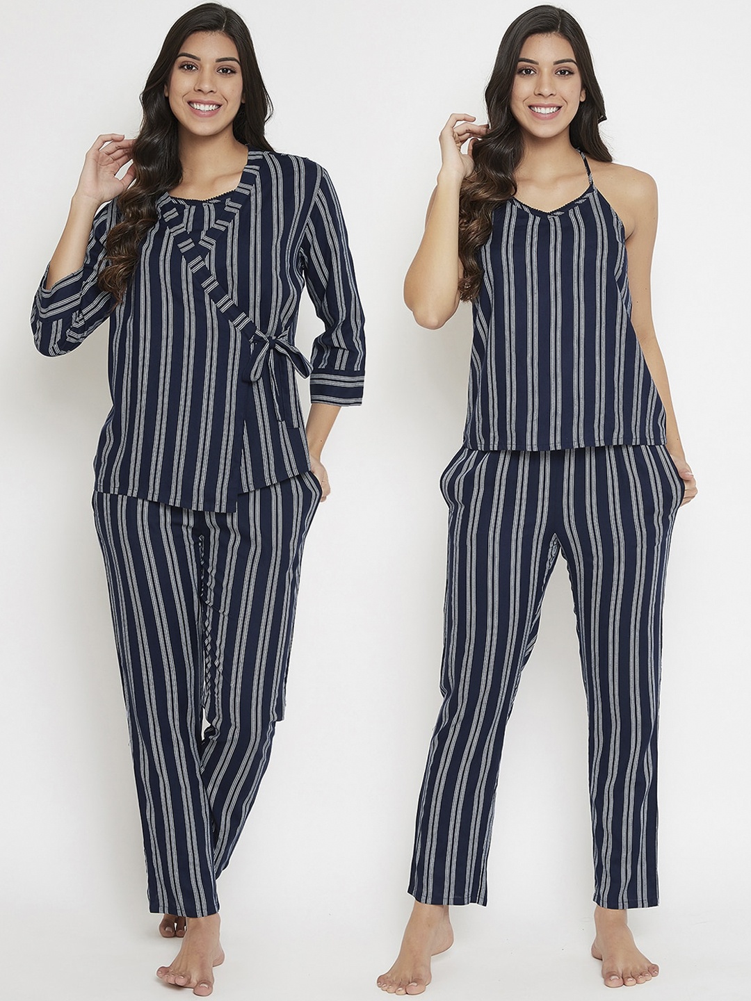 

Clovia Women Navy Blue & White Striped Night Suit