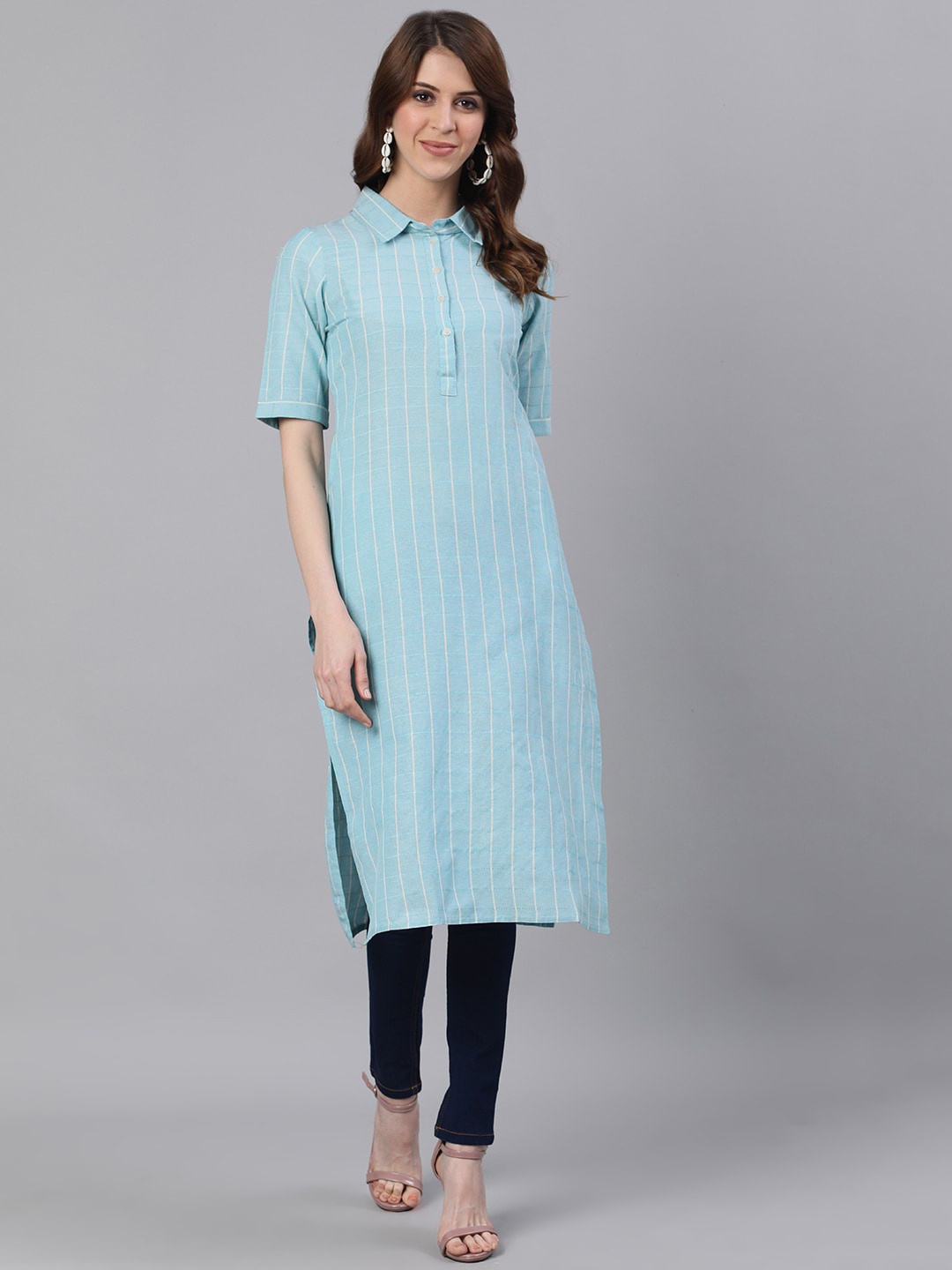 

Jaipur Kurti Women Blue Striped Kurta