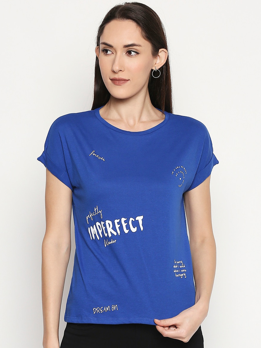 

People Women Blue Printed Round Neck Pure Cotton T-shirt