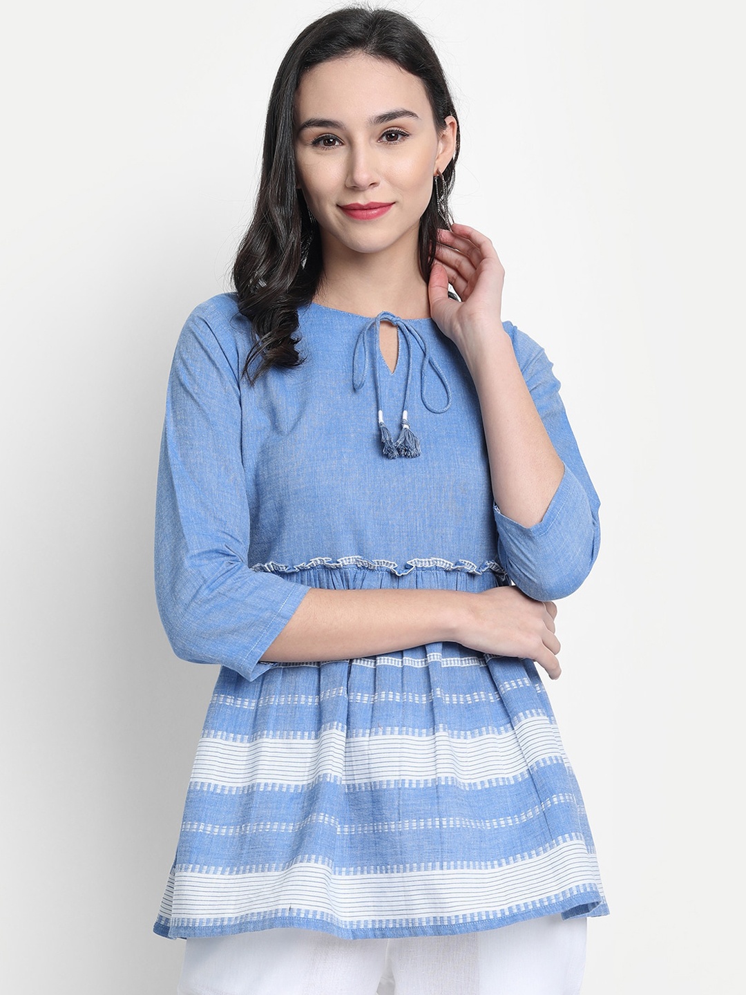 

Janasya Blue Striped Tie-Up Neck Pure Cotton Top