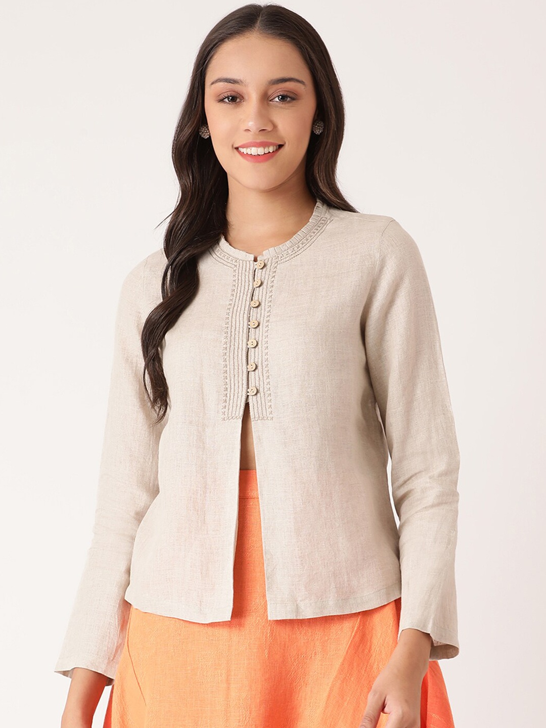 

ROOTED Beige Linen Slim Fit Top