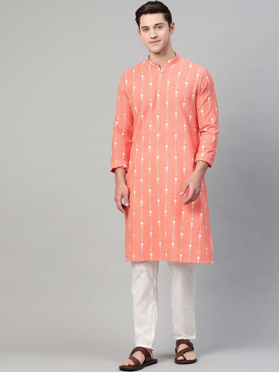 

See Designs Men Peach-Coloured & White Self Design Kurta with Pyjamas