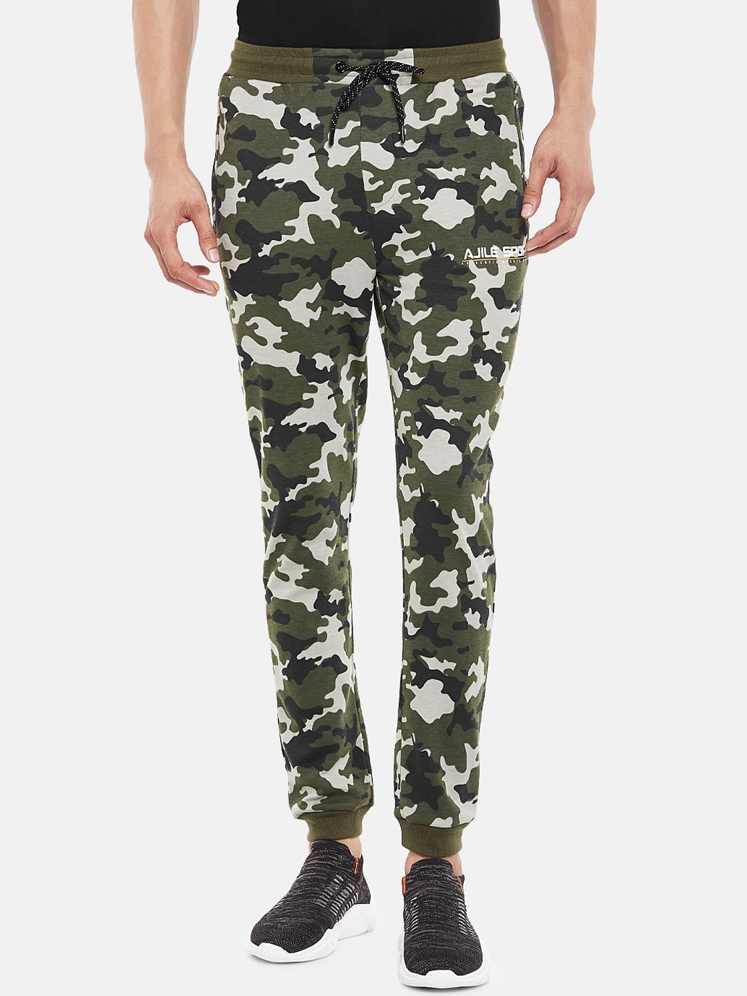 

Ajile by Pantaloons Men Olive Green & Black Camouflage Printed Slim-Fit Joggers