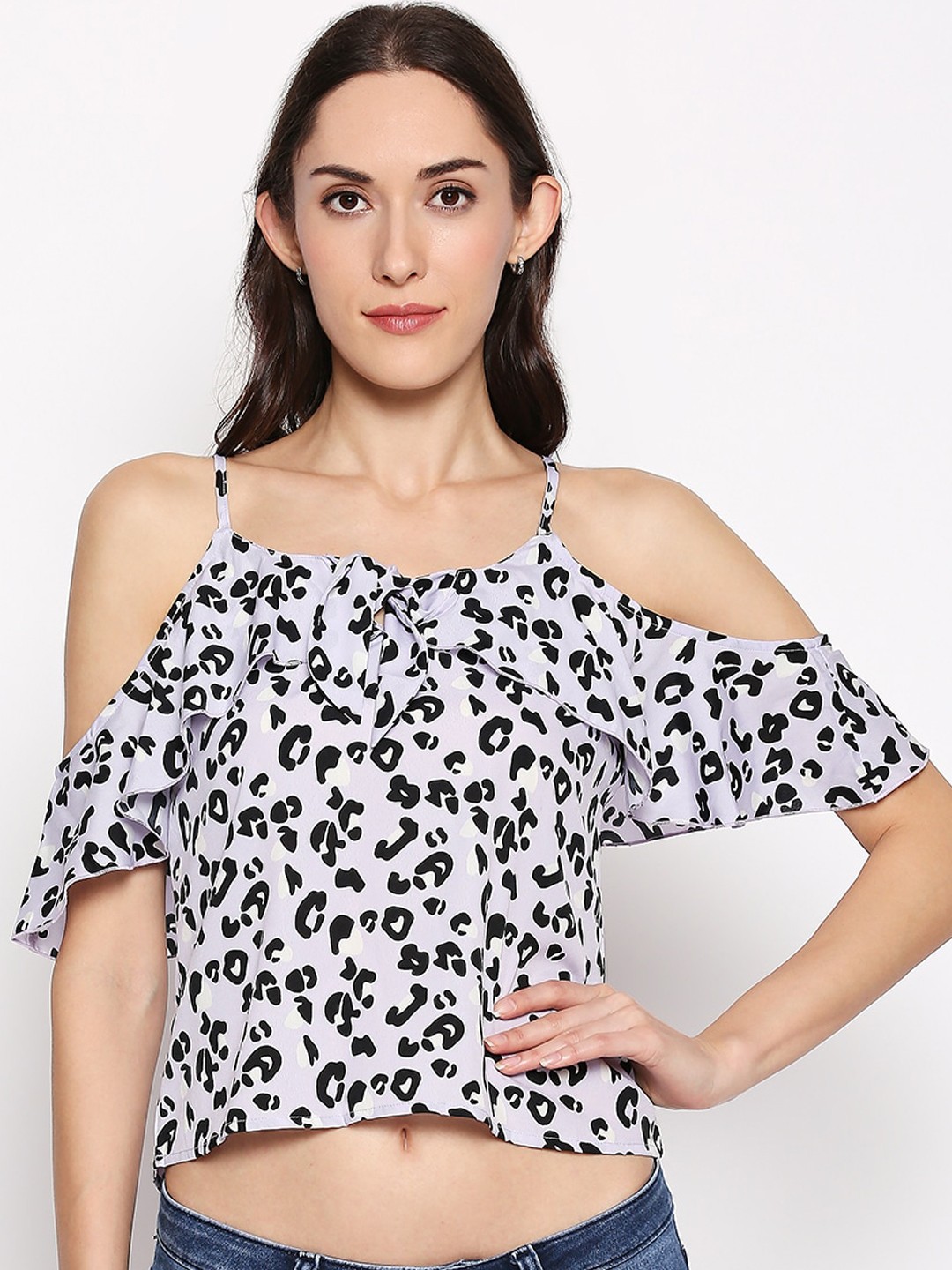 

People White & Black Cheetah Printed Cold-Shoulder Sleeves Bardot Crop Top