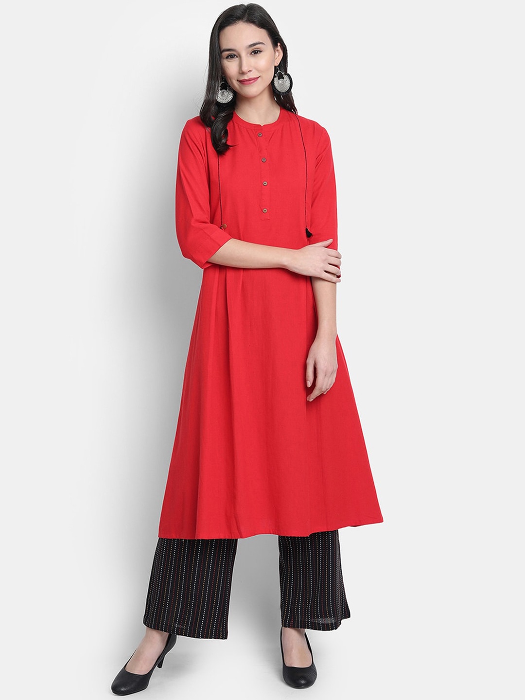 

Janasya Women Red & Black Solid Kurta with Palazzos
