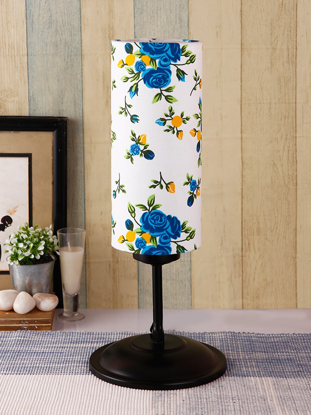 Devansh White & Blue Floral Printed Cylindrical Table Lamp