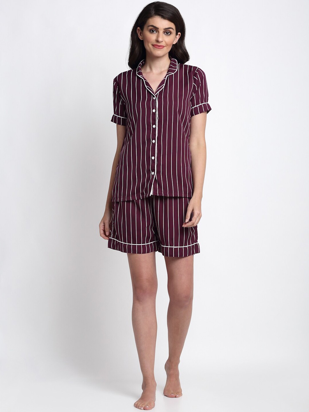 

NEUDIS Women Burgundy & White Striped Night suit
