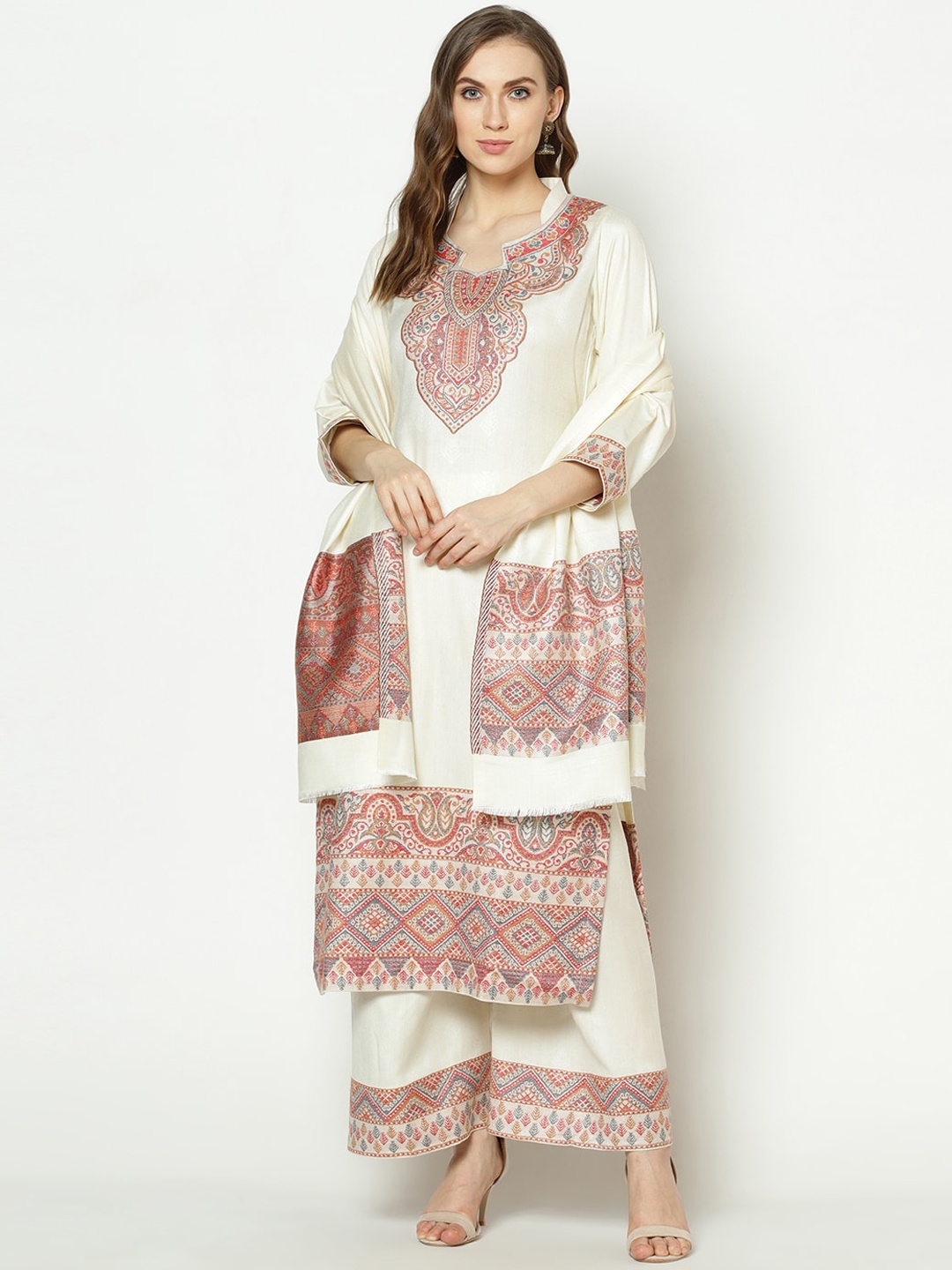 

Safaa Women Off-White Acro Wool Woven Unstitched Suit & Dupatta For Winter