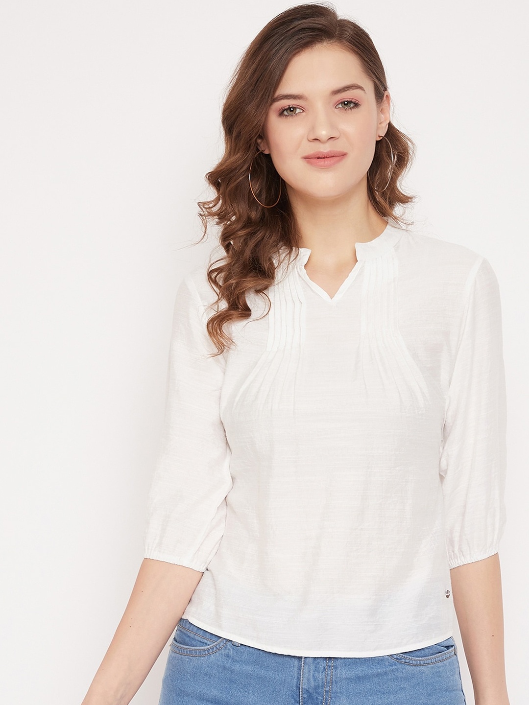 

Octave White Mandarin Collar Puff Sleeves Top