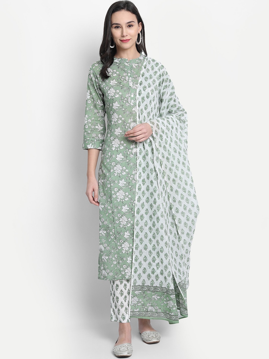 

Janasya Women Green & White Printed Kurta with Trousers & Dupatta