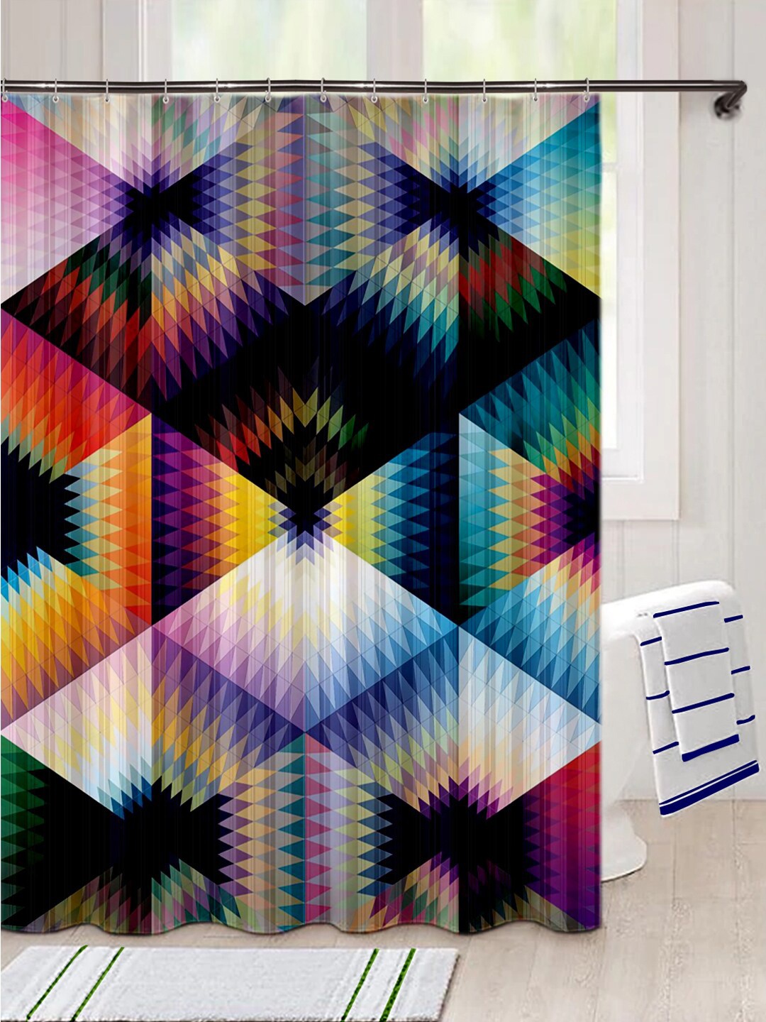 Lushomes Blue & Black Digitally Printed Trippy Geometry Shower Curtain with 10 Eyelets