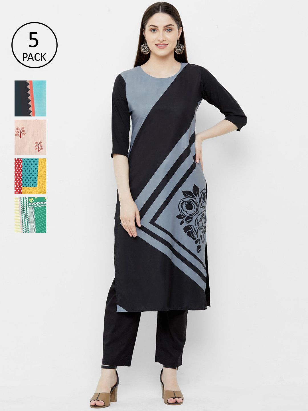 

7Threads Pack Of 5 Ethnic Motifs Printed Crepe Kurta, Multi