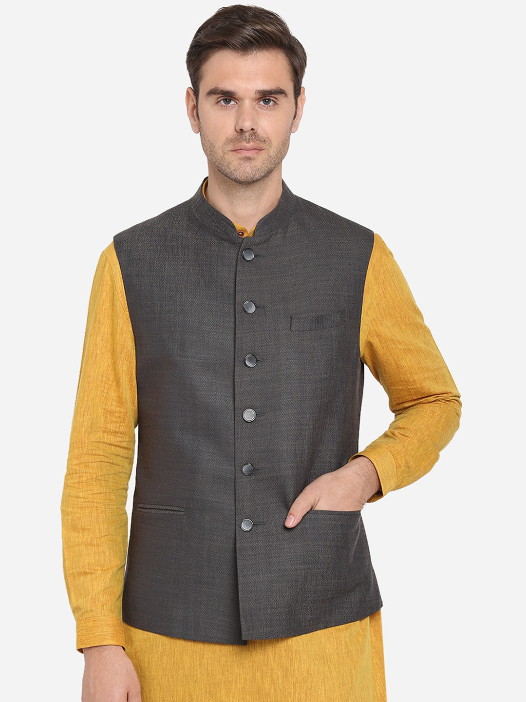 

Greenfibre Men Grey Solid Terry Rayon Nehru Jacket