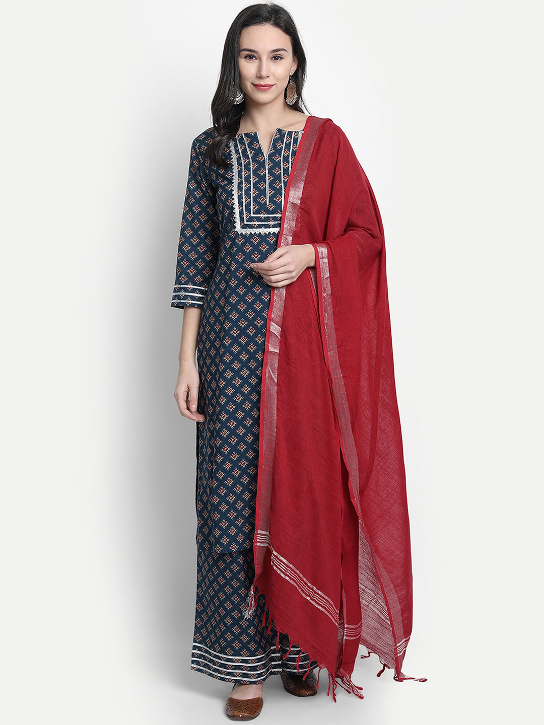 

Janasya Women Blue & Red Printed Kurta with Palazzos & Dupatta