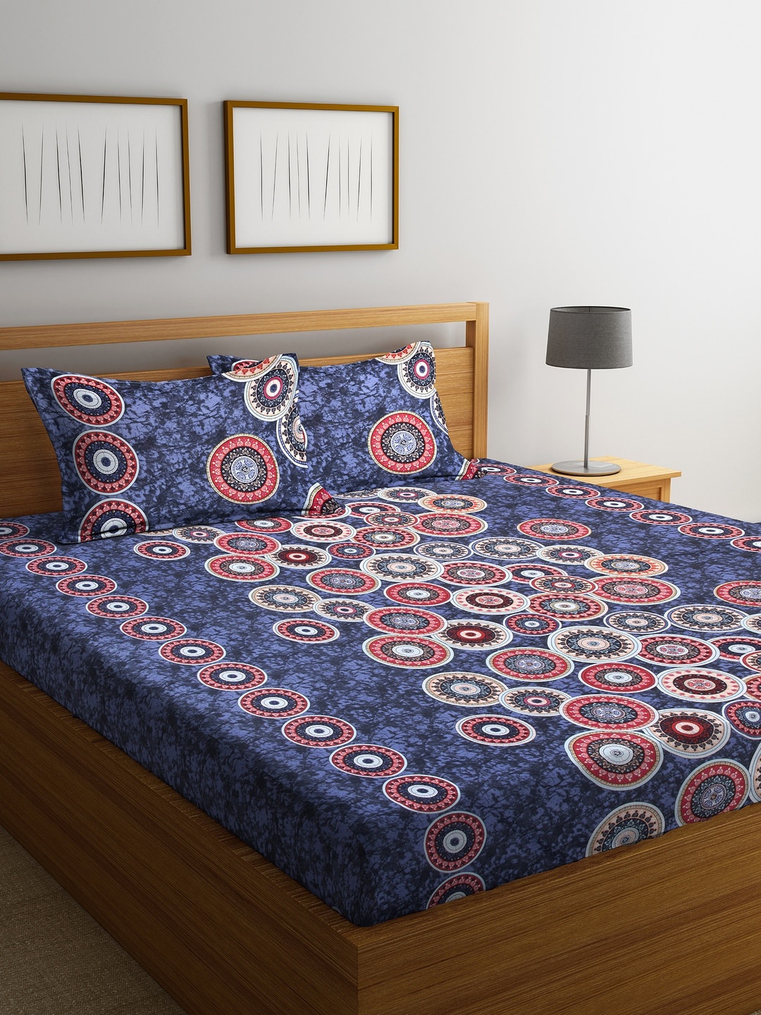 

ROMEE Blue & Red Ethnic Motifs 144 TC Cotton 1 Queen Bedsheet with 2 Pillow Covers