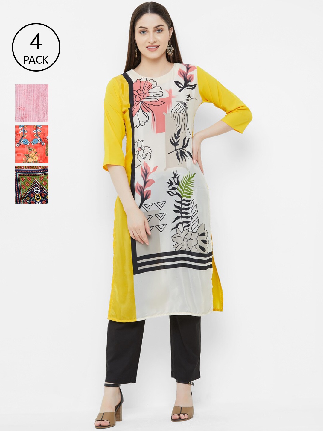 

7Threads Multicoloured Pack of 4 Floral Printed Crepe Kurta, Multi