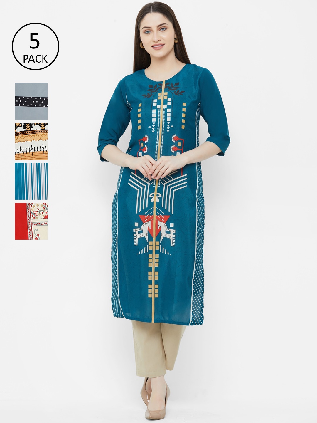 

7Threads Pack of 5 Striped Crepe Kurta, Multi