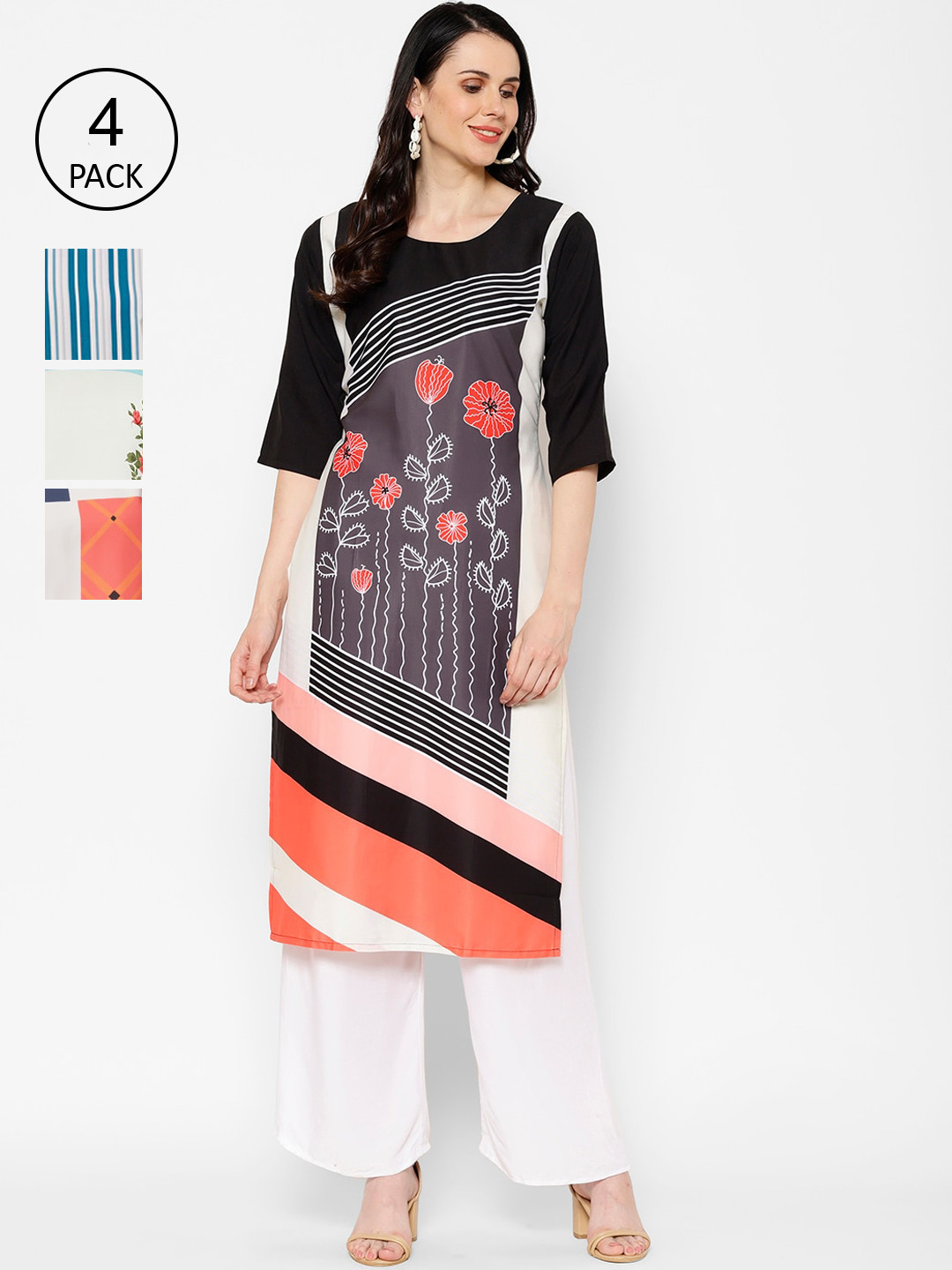 

7Threads Women Pack of 4 Floral Printed Crepe Kurta, Multi
