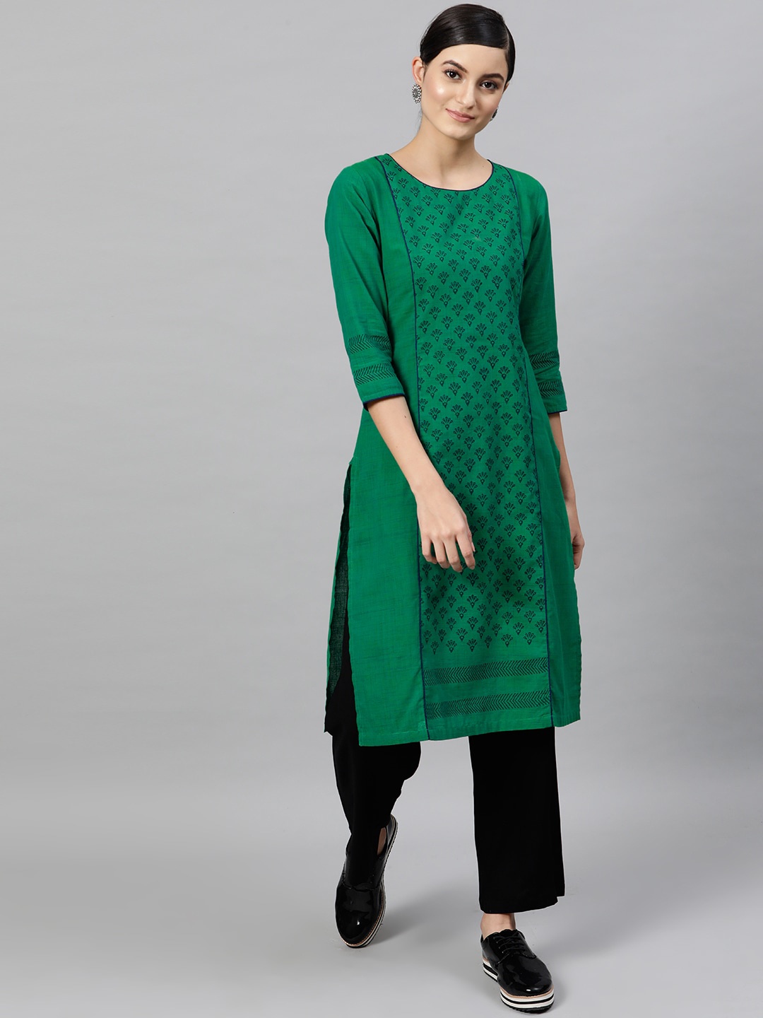 

STREET 9 Green Ethnic Motifs Printed Round Neck Regular Sleeves Kurta