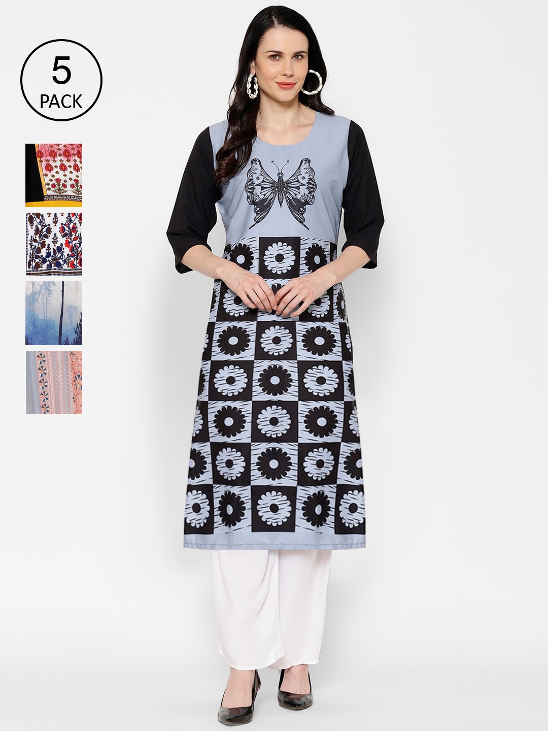 

7Threads Pack Of 5 Multicoloured Ethnic Motifs Printed Crepe Kurta, Multi