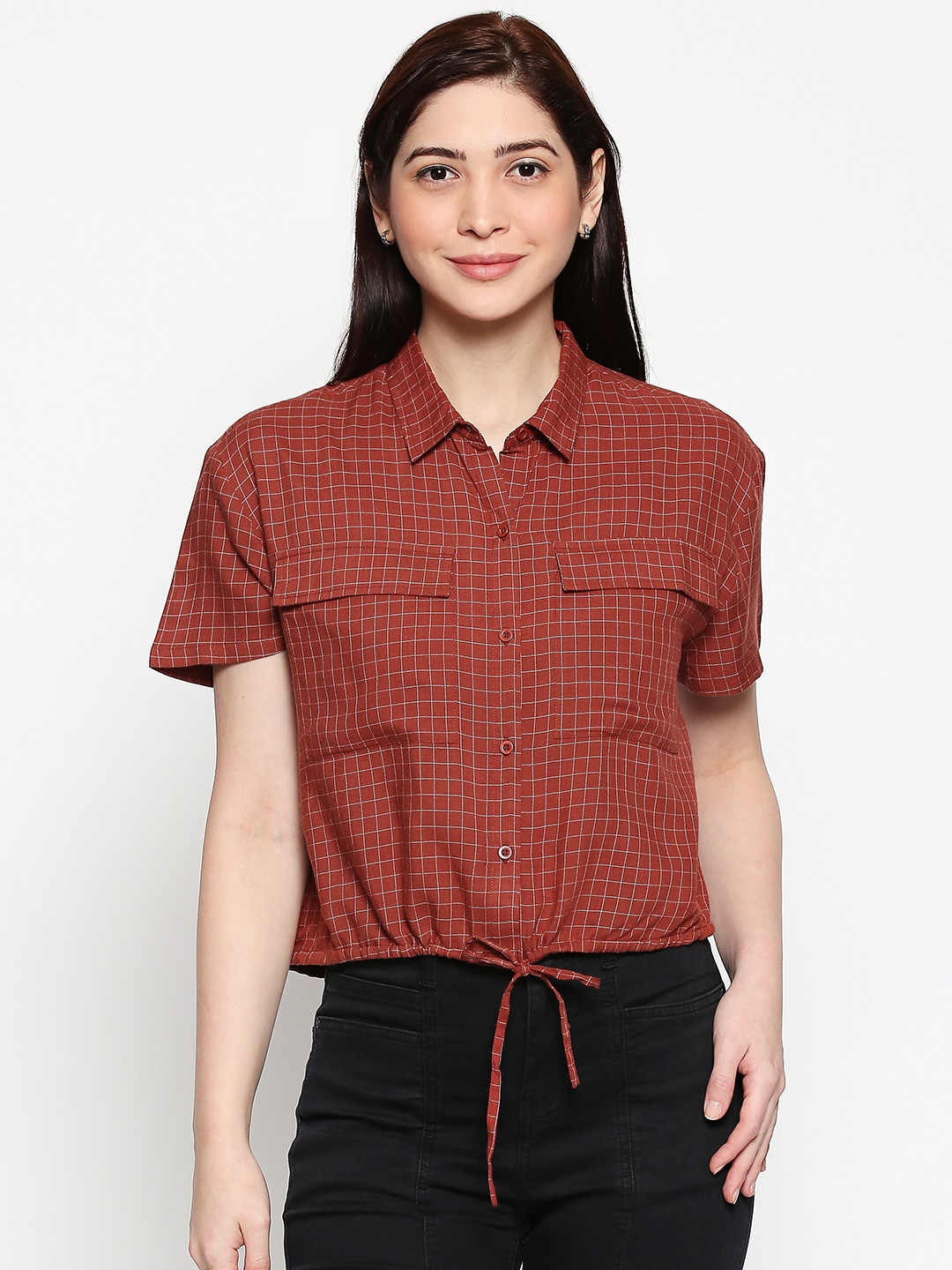

People Women Rust Red Checked Shirt Style Top