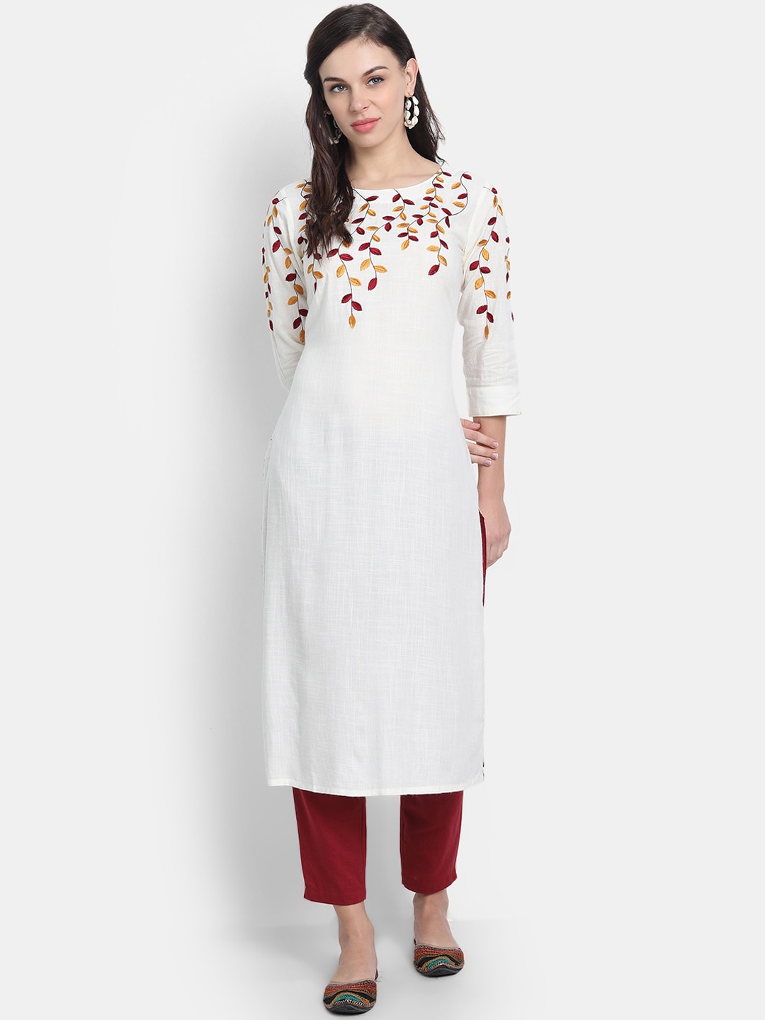 

fabGLOBAL Off White Floral Embroidered Flared Sleeves Thread Work Handloom Kurta