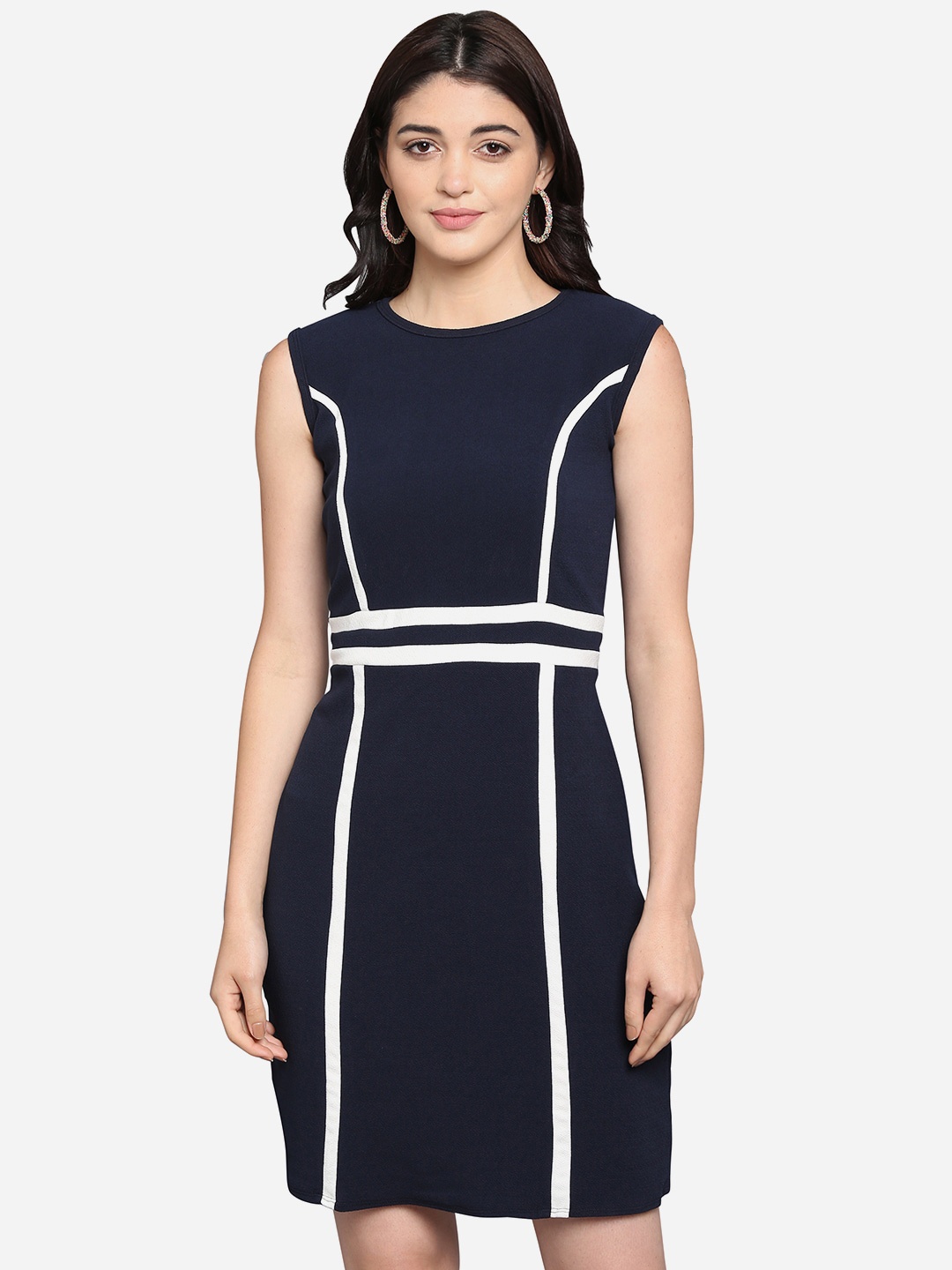

PURVAJA Women Navy Blue & White Striped Sheath Dress