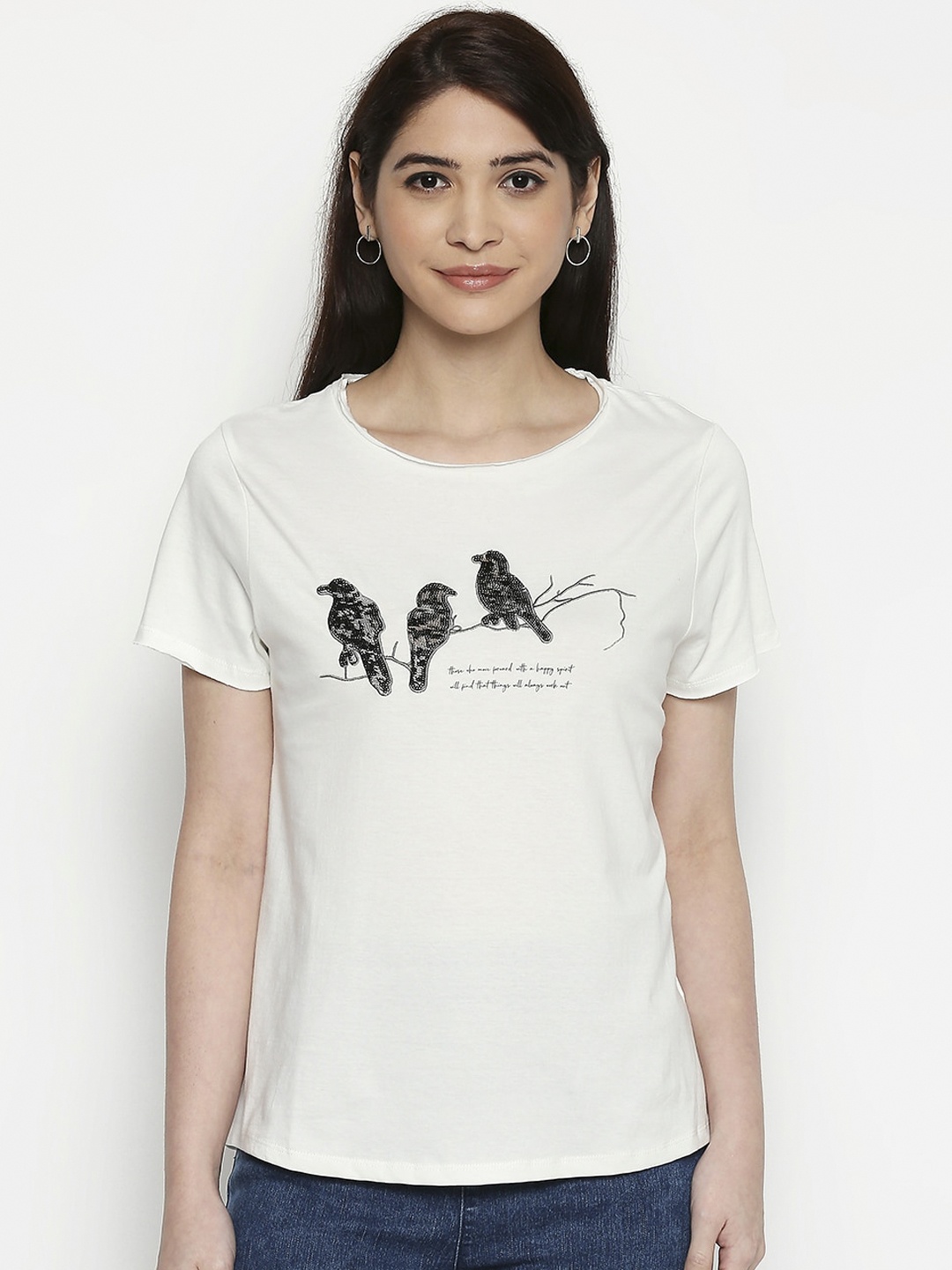 

People Women White Printed Round Neck T-shirt