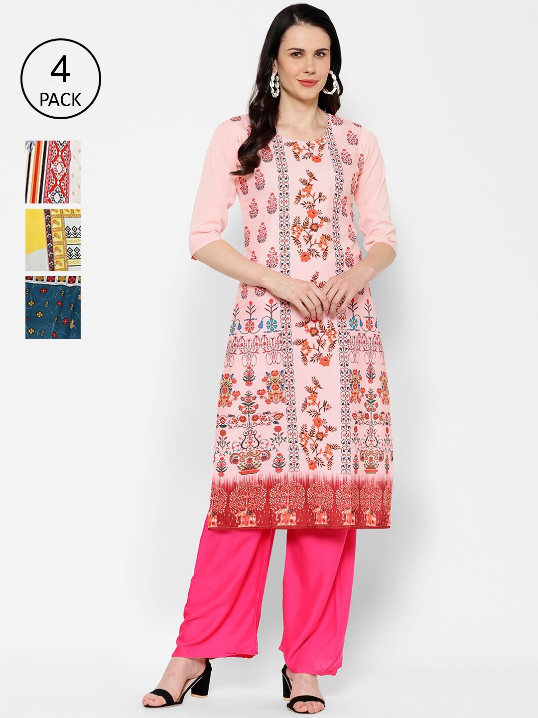 

7Threads Pack Of 4 Ethnic Motifs Printed Crepe Kurta, Multi